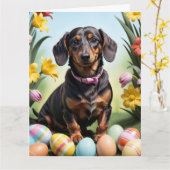 Carte Joyeux Dachshund de Pâques (Fleur jaune)