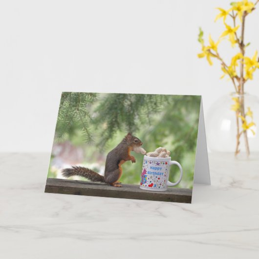 Carte Joyeux écureuil d'anniversaire (Fleur jaune)