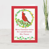 Carte Joyeux enseignant de Noël Rouge Cardinal Bird Cust (Devant)