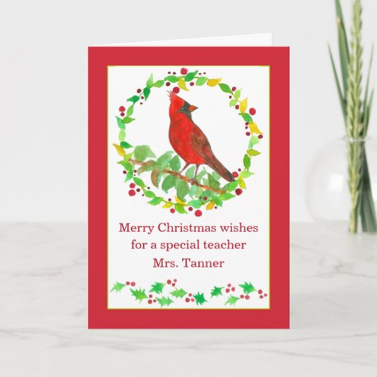 Carte Joyeux enseignant de Noël Rouge Cardinal Bird Cust (Devant)