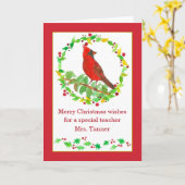Carte Joyeux enseignant de Noël Rouge Cardinal Bird Cust (Fleur jaune)