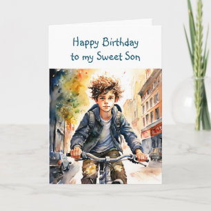 Carte Joyeux Fils d'anniversaire Garçon en vélo en vil