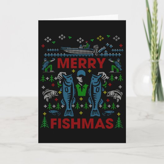 Carte Joyeux Fishmas Drôle de Pêche Pull de Noël Moche (Devant)
