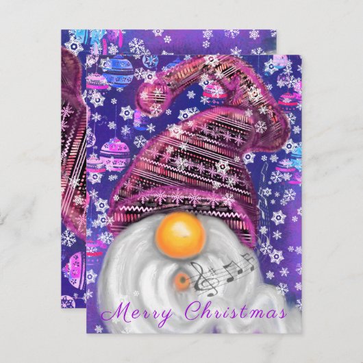 Carte Joyeux Gnome En Casquette Violet Chante Une Chanso (Devant / Derrière)