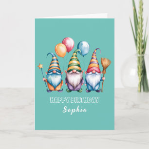 Carte Joyeux gnomes avec ballons et baguette magique