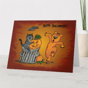 Carte Joyeux Halloween avec Chat Chat Chien et Araignée