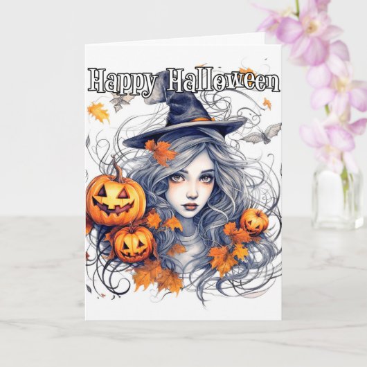 Carte Joyeux Halloween | Belle Sorcière d'automne (Orchidée)