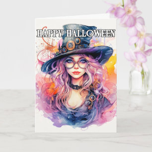 Carte Joyeux Halloween Belle Sorcière Steampunk
