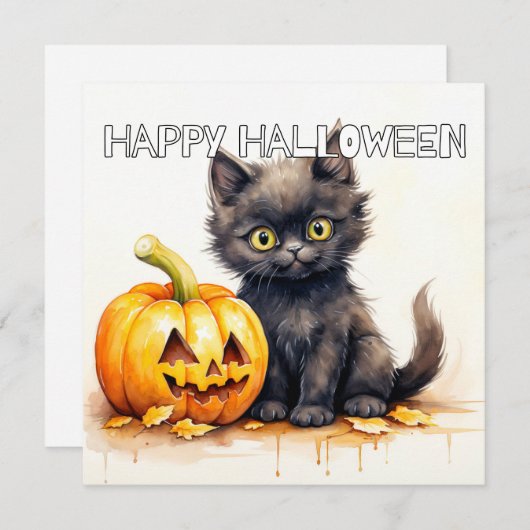 Carte Joyeux Halloween Black Kitty Cat (Devant / Derrière)