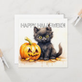 Carte Joyeux Halloween Black Kitty Cat (Devant/Arrière en situation)