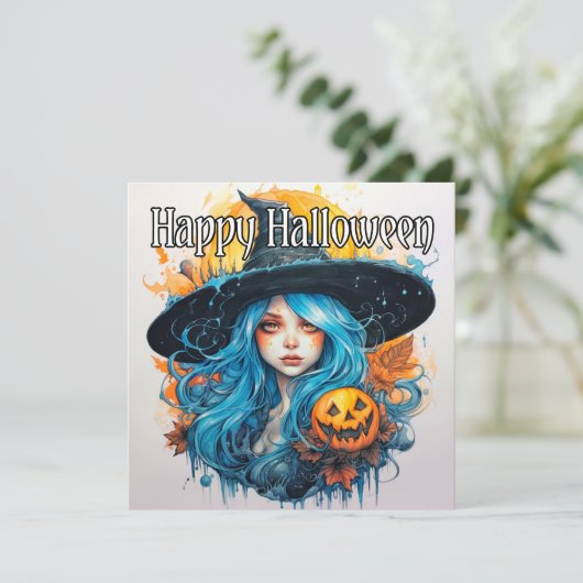 Carte Joyeux Halloween | Blue Haired Witch (Debout devant)