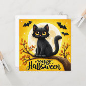 Carte Joyeux Halloween Chat Noir (Devant/Arrière en situation)