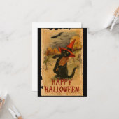 Carte Joyeux Halloween Chat noir Jouer des chauves-souri (Devant/Arrière en situation)