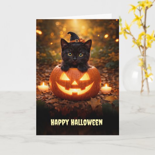 Carte Joyeux Halloween Chaton Noir Mignon (Fleur jaune)