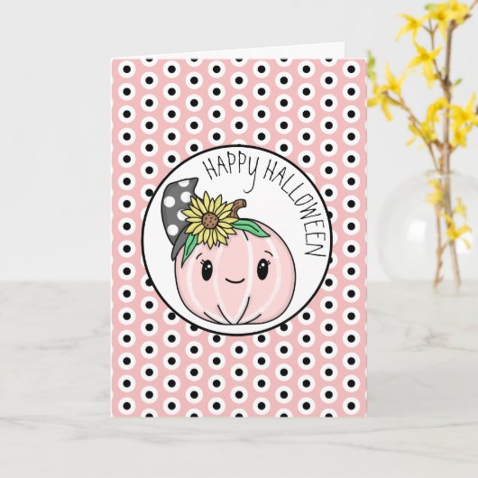 Carte Joyeux Halloween | Citrouille Rose et Points (Fleur jaune)