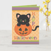 Carte Joyeux Halloween Cute Cat Jack o' Lantern (Fleur jaune)
