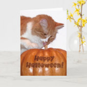 Carte Joyeux Halloween Cute Chat avec Citrouille (Fleur jaune)