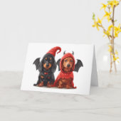 Carte Joyeux Halloween Dachshund Chiens Devil Bat (Fleur jaune)