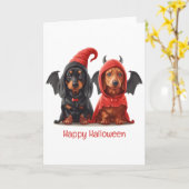 Carte Joyeux Halloween Dachshund Chiens Devil Bat (Fleur jaune)