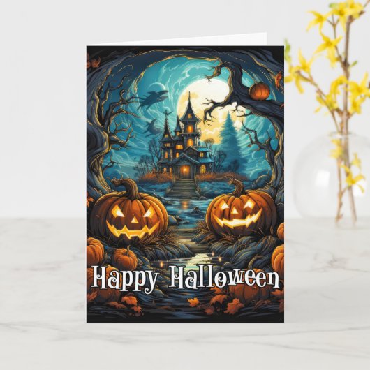 Carte Joyeux Halloween | Éffrayant Haunted Mansion (Fleur jaune)