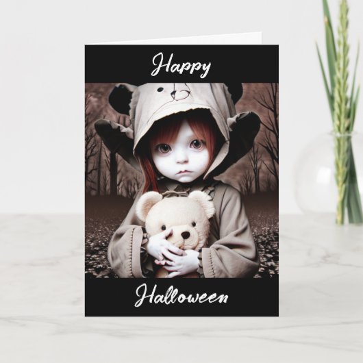 Carte Joyeux Halloween | Enfant Déplaisant avec ours en (Devant)