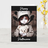 Carte Joyeux Halloween | Enfant Déplaisant avec ours en (Fleur jaune)