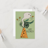 Carte Joyeux Halloween Fantôme vert Doodle Floral (Devant/Arrière en situation)