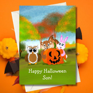 Carte Joyeux Halloween fils écureuil, lapin et hibou