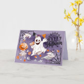 Carte Joyeux Halloween. Fun Ghost, Fille Citrouille, Cor (Fleur jaune)