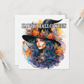 Carte Joyeux Halloween | Illustration de sorcière d'auto (Devant/Arrière en situation)