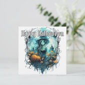 Carte Joyeux Halloween | Illustration de sorcière fémini (Debout devant)