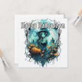Carte Joyeux Halloween | Illustration de sorcière fémini (Devant/Arrière en situation)