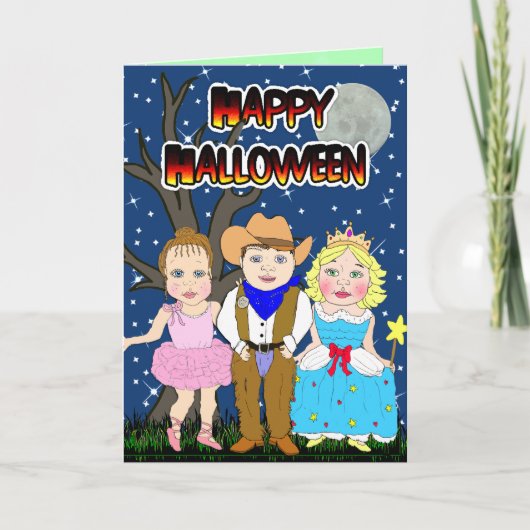 Carte Joyeux Halloween Kid Cowboy, Princesse, Ballerina (Devant)
