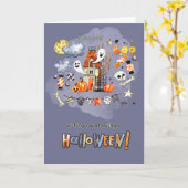 Carte Joyeux Halloween. Maison Éffrayante amusante (Fleur jaune)