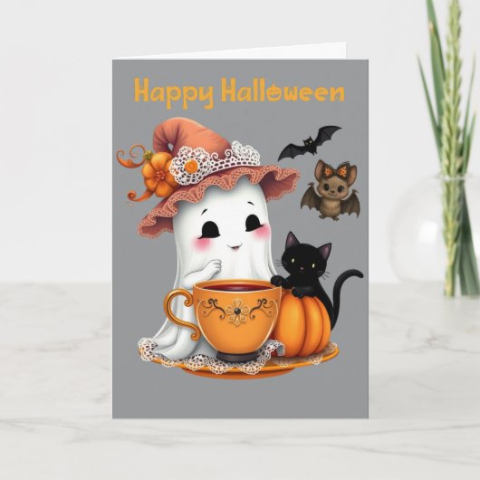Carte Joyeux Halloween mignonne Fantôme, Chat, Chat (Devant)