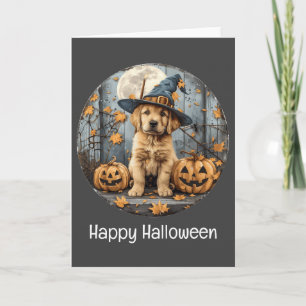 Carte Joyeux Halloween sorcier Golden Retriever Citrouil