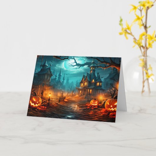 Carte Joyeux Halloween - Vieille Maison Hantée (Fleur jaune)