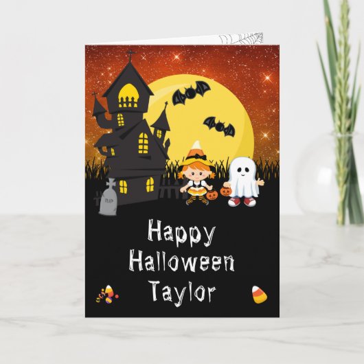 Carte Joyeux Halloween Witch Ghost Orange (Devant)