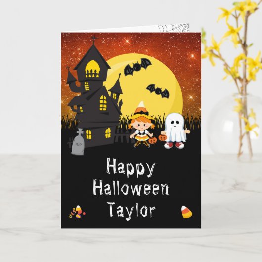 Carte Joyeux Halloween Witch Ghost Orange (Fleur jaune)