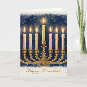 Carte Joyeux Hanukka — Menorah Aquarelle Or Navy