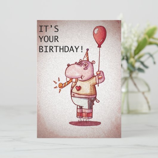 Carte Joyeux Hippo d'anniversaire (Debout devant)