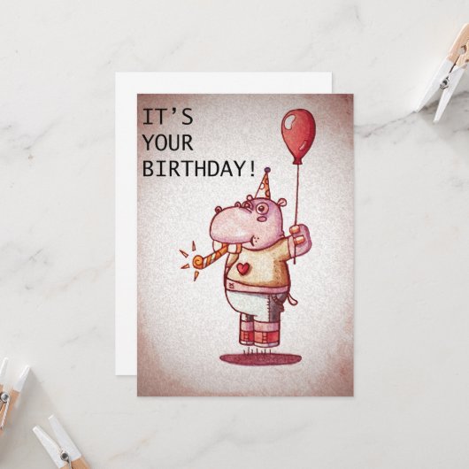 Carte Joyeux Hippo d'anniversaire (Devant/Arrière en situation)