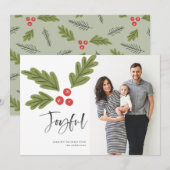 Carte Joyeux Holly Berry Moderne Gras Vacances Blanc Pho (Devant / Derrière)