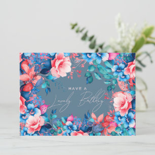 Carte Joyeux Jardin d'Anniversaire Floral Dusty Blue Blu