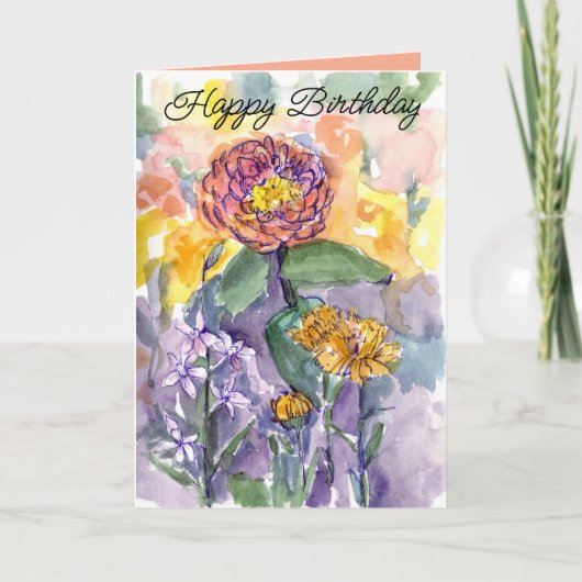 Carte Joyeux Jardin d'aquarelle rose Zinnias Annias (Devant)