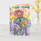 Carte Joyeux Jardin d'aquarelle rose Zinnias Annias (Fleur jaune)