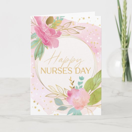 Carte Joyeux jour des infirmières Florales roses Or et c (Devant)