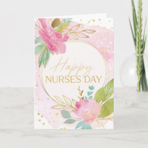 Carte Joyeux jour des infirmières Florales roses Or et c