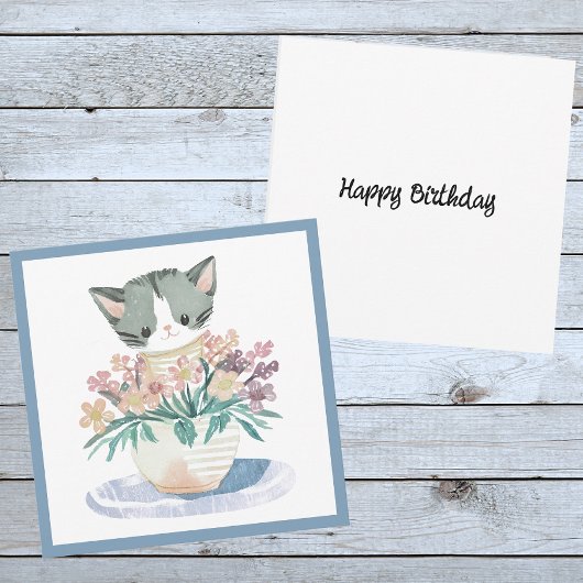 Carte Joyeux Kitten Anniversaire Assis Dans Un Pot De Fl