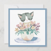 Carte Joyeux Kitten Anniversaire Assis Dans Un Pot De Fl (Devant)
